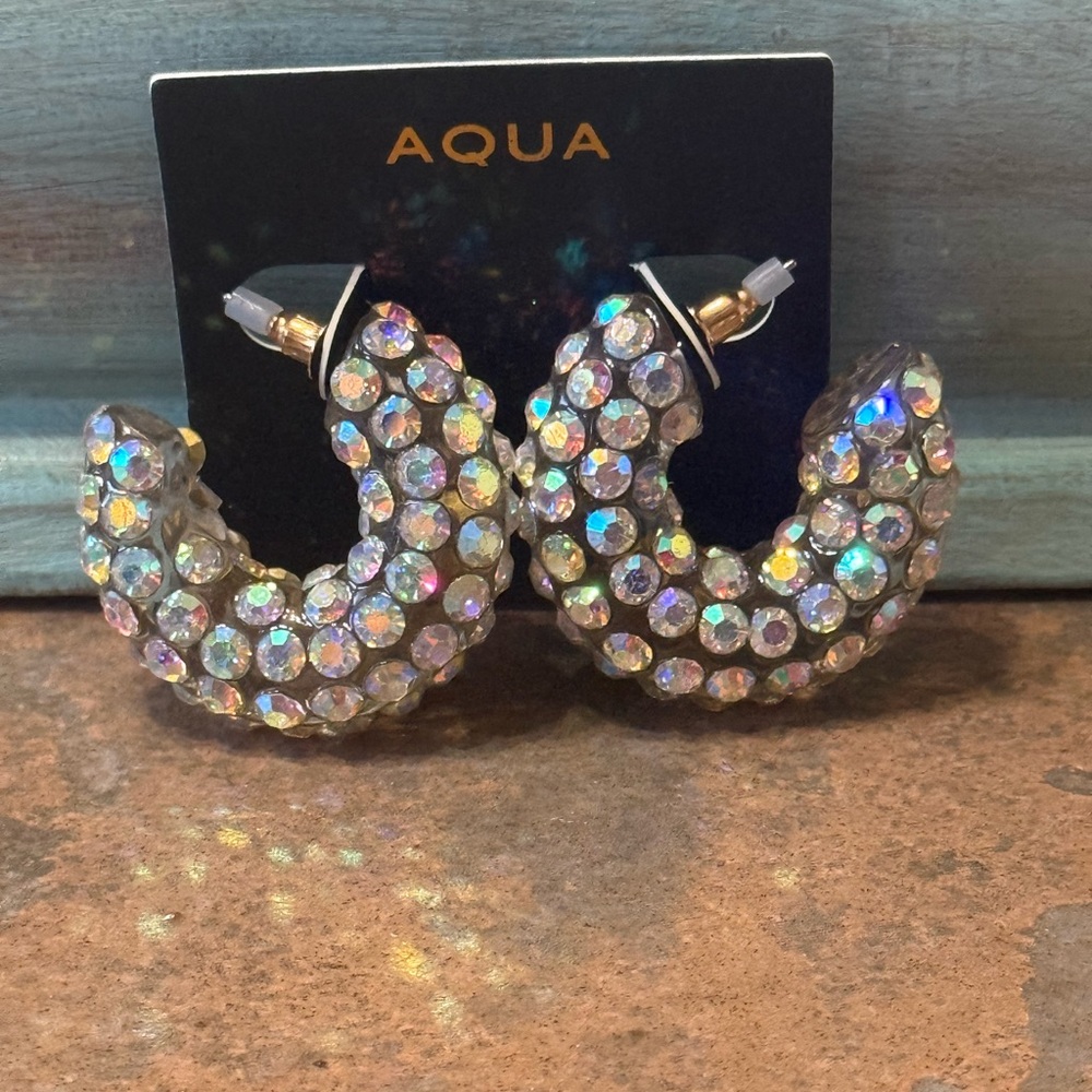 AQUA Iridescent Abolone Multi Colored Crystal Hoop Earrings